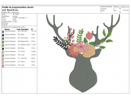 Motif de broderie machine  tête de cerf fleurs