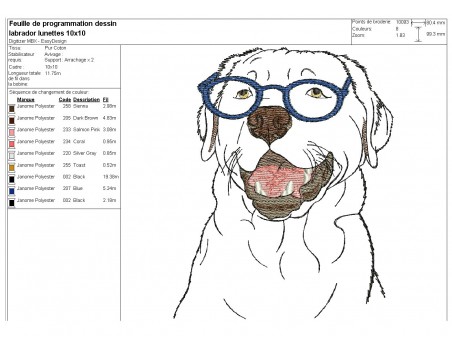 Motif de broderie machine labrador  avec ses lunettes