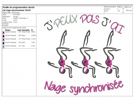 Motif de broderie machine texte j'peux pas j'ai  nage synchronisée