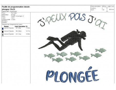 Motif de broderie machine texte j'peux pas j'ai  plongée