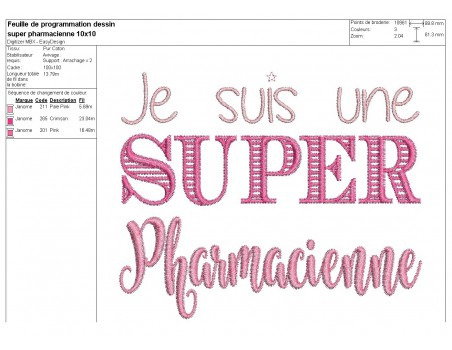 Motif de broderie machine  super pharmacienne