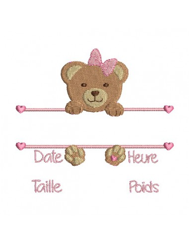 Motif de broderie machine petit ours journal de naissance fille