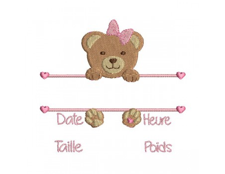 Motif de broderie machine petit ours journal de naissance fille