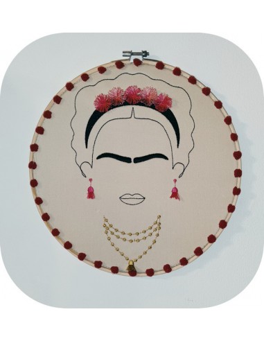 Motif de broderie machine femme mexicaine avec ses bijoux franges et pompons en 3D esprit Frida