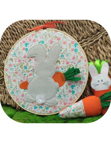 Motif de broderie machine  le lapin  avec sa queue en gros pompon3D et sa carotte