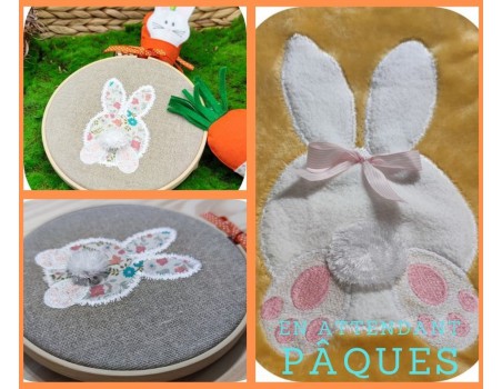 Motif de broderie machine  le lapin de Pâques avec un gros  pompon en 3D