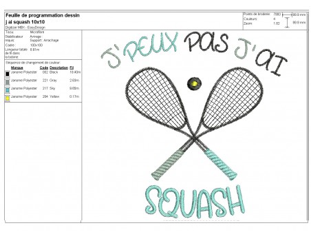 Motif de broderie machine  j'peux pas j'ai squash