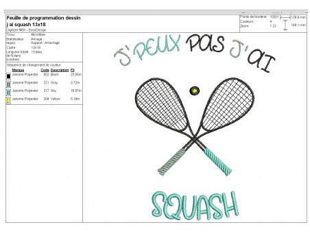 Motif de broderie machine  j'peux pas j'ai squash