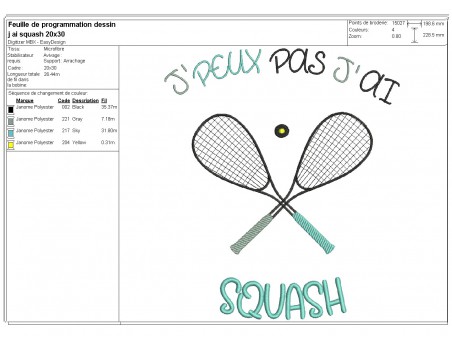 Motif de broderie machine  j'peux pas j'ai squash