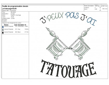 Motif de broderie machine  j'peux pas j'ai tatouage