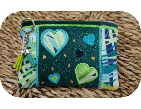 machine embroidery  pencil case patchwork of hearts  ith
