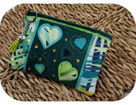 machine embroidery  pencil case patchwork of hearts  ith