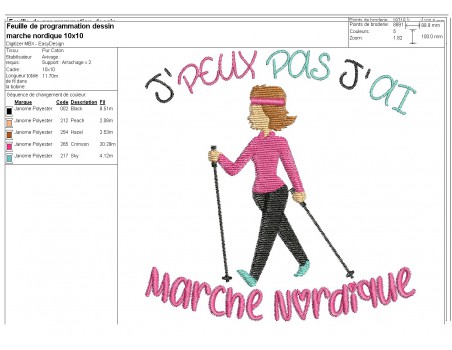 Motif de broderie machine  j'peux pas j'ai marche nordique