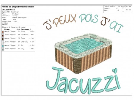 Motif de broderie machine  j'peux pas j'ai jacuzzi