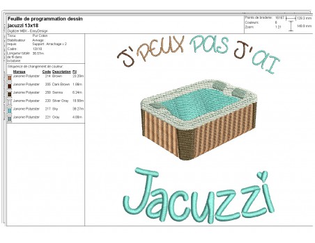 Motif de broderie machine  j'peux pas j'ai jacuzzi