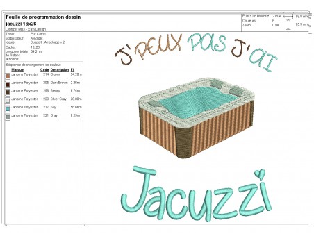 Motif de broderie machine  j'peux pas j'ai jacuzzi