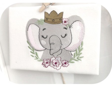 machine embroidery design sleeping crowned elephant with  frame flowers