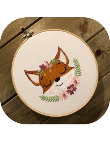 machine embroidery design sleeping fox with star and  flowers