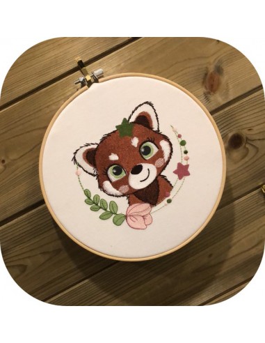 machine embroidery design red panda with star and  flower