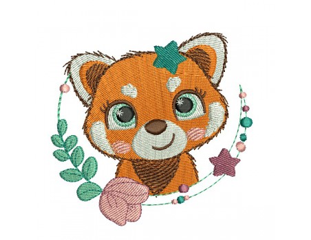 Motif de broderie machine panda roux fleurie