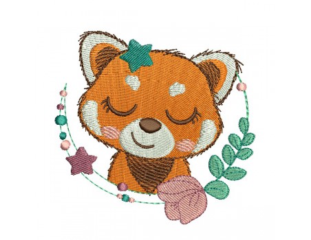 machine embroidery design sleeping red panda with star and  flower