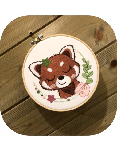 machine embroidery design sleeping red panda with star and  flower