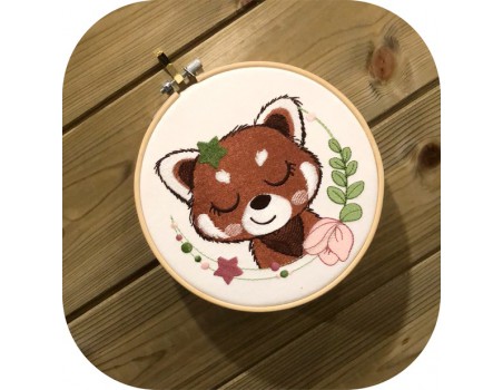 machine embroidery design sleeping red panda with star and  flower