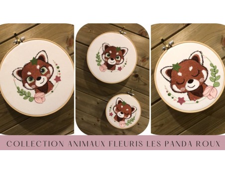 Motif de broderie machine panda roux fleurie