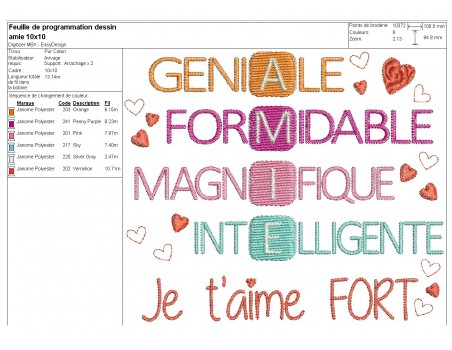 Motif de broderie machine acrostiche amie