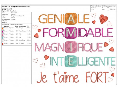 Motif de broderie machine acrostiche amie