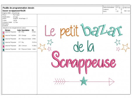 Motif de broderie texte bazar de la scrappeuse