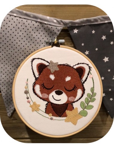 machine embroidery design sleeping red panda with star