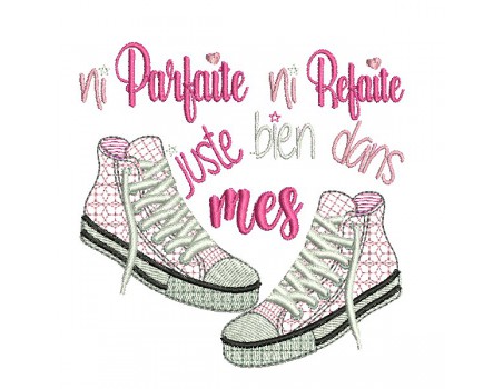 Motif de broderie machine texte et  baskets en mylar