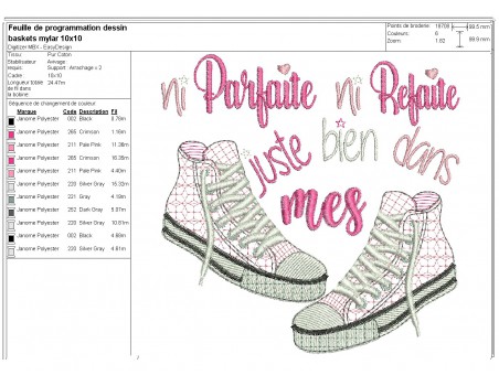 Motif de broderie machine texte et  baskets en mylar