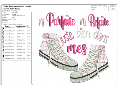 Motif de broderie machine texte et  baskets en mylar