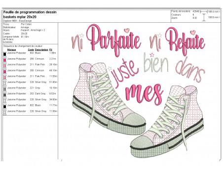 Motif de broderie machine texte et  baskets en mylar