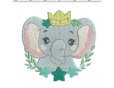 Motif de broderie machine éléphant  avec sa couronne d'étoiles