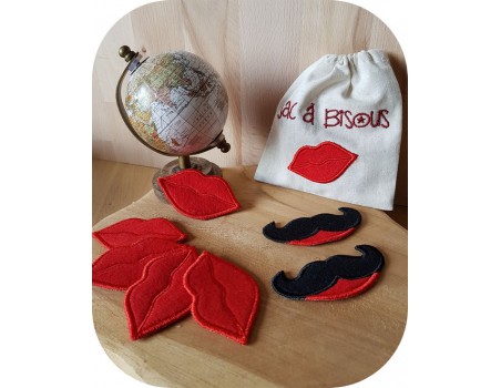 machine embroidery design kisses and mustaches ITH