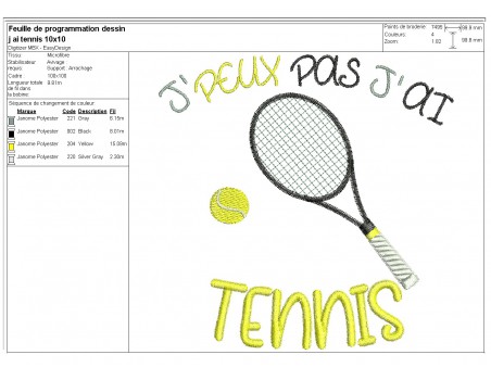 Motif de broderie machine  j'peux pas j'ai tennis