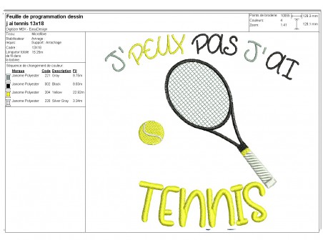 Motif de broderie machine  j'peux pas j'ai tennis