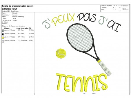 Motif de broderie machine  j'peux pas j'ai tennis