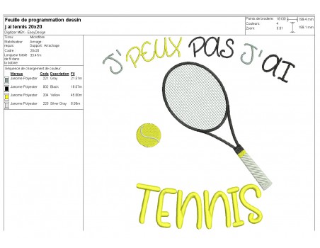 Motif de broderie machine  j'peux pas j'ai tennis