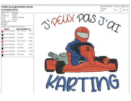 Motif de broderie machine  j'peux pas j'ai karting