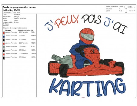 Motif de broderie machine  j'peux pas j'ai karting