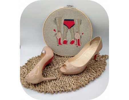 machine embroidery red and nude pumps