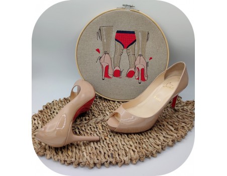 machine embroidery red and nude pumps