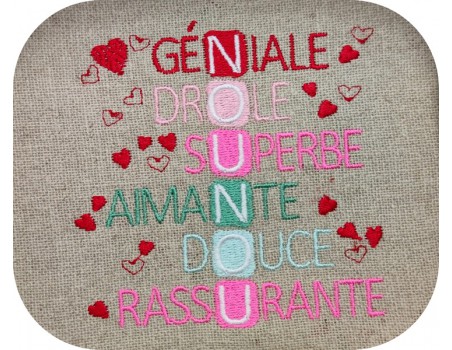 Motif de broderie machine acrostiche nounou