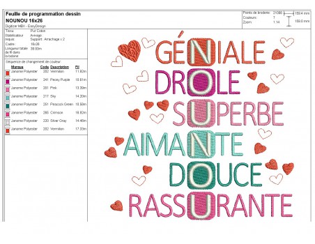 Motif de broderie machine acrostiche nounou