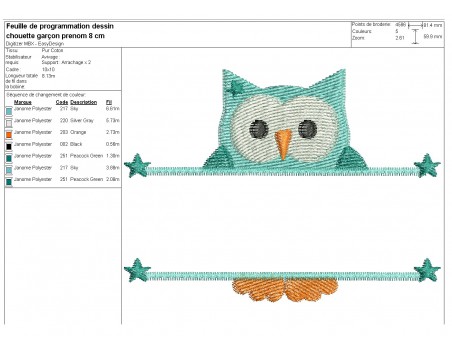 Motif de broderie machine chouette prénom garçon