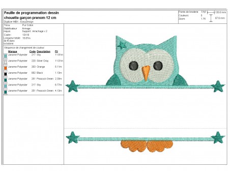 Motif de broderie machine chouette prénom garçon